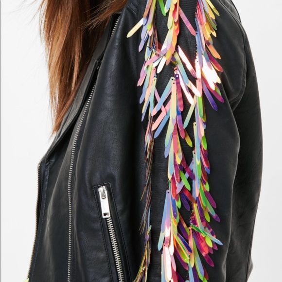 NWT Misguided black sequin sleeve biker jacket sz2 - Picture 3 of 6